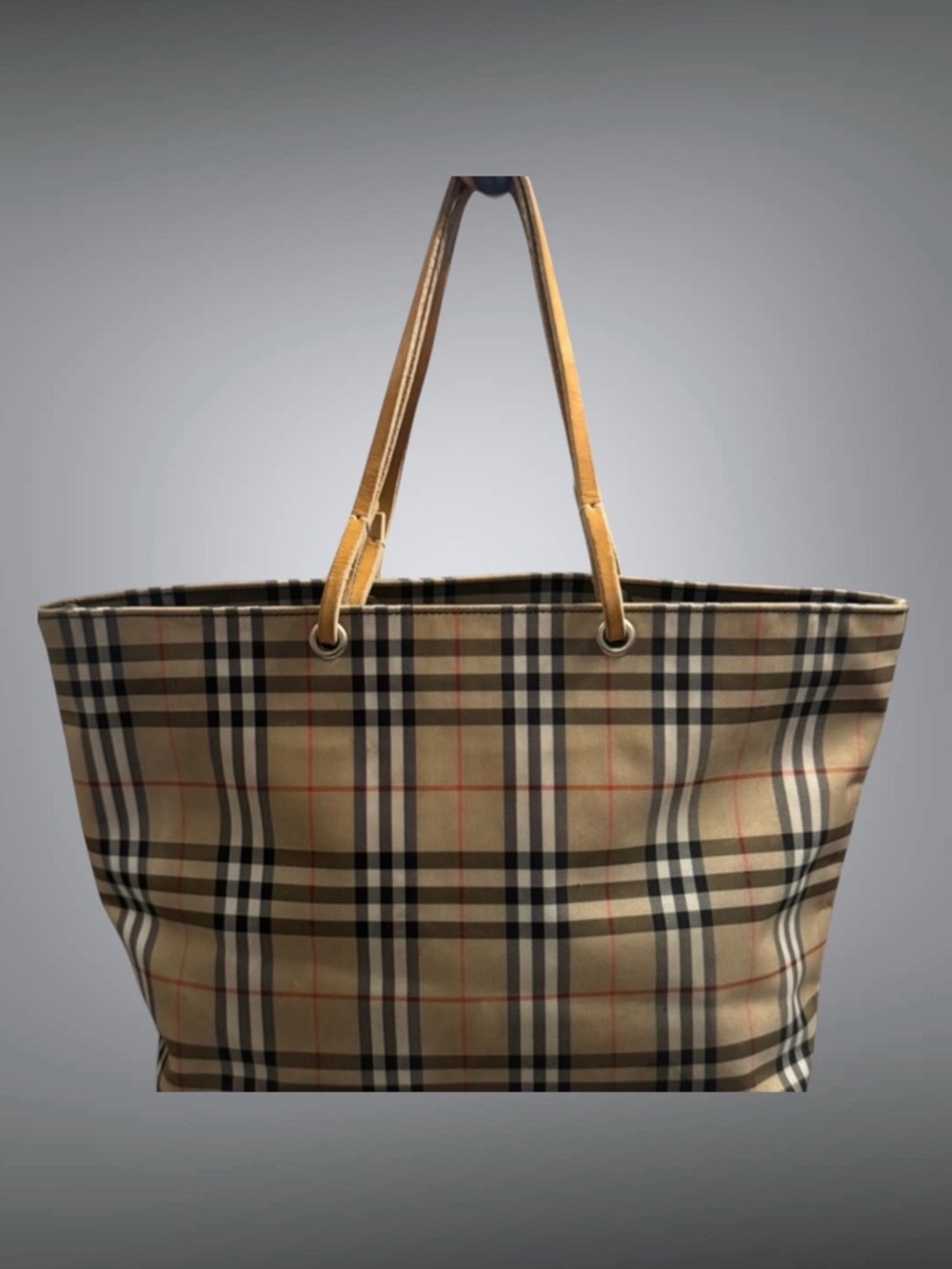 Burberry Nova Check Tote Bag Beige Plaid Canvas Leather Trim